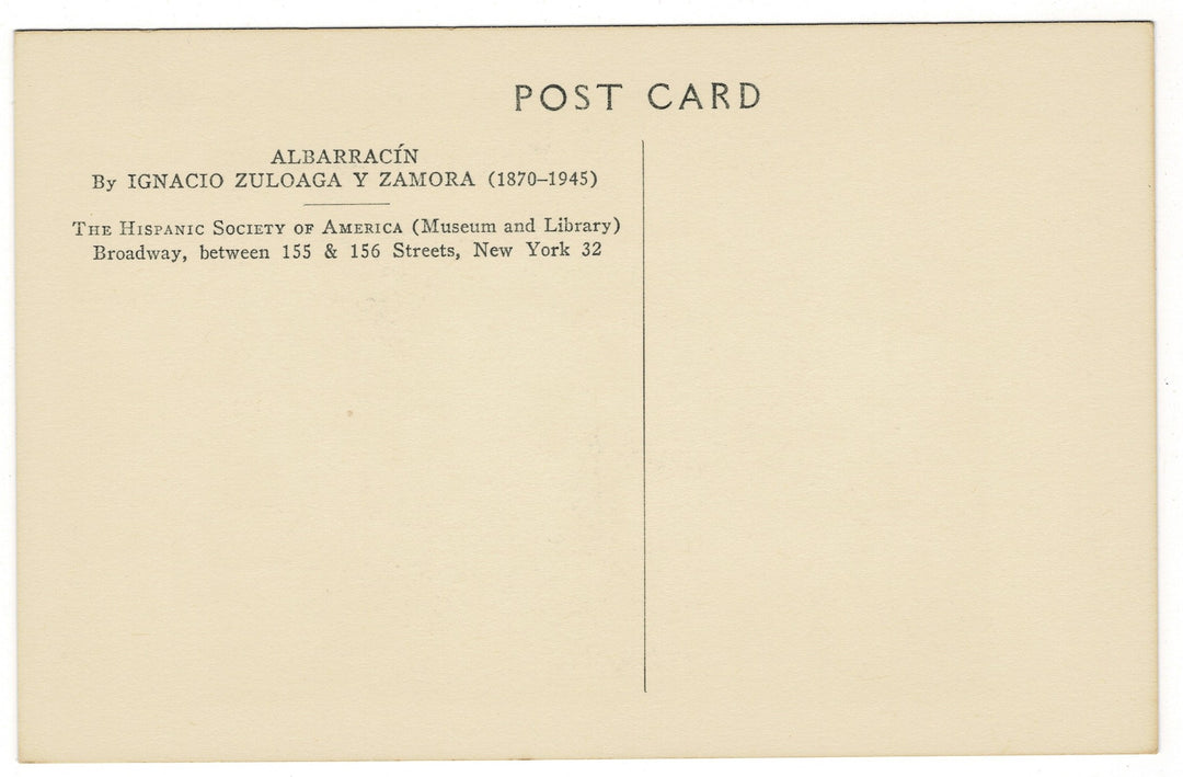 Back of a postcard with text about Albarracin and Ignacio Zuloaga Y Zamora, featuring a beige background.