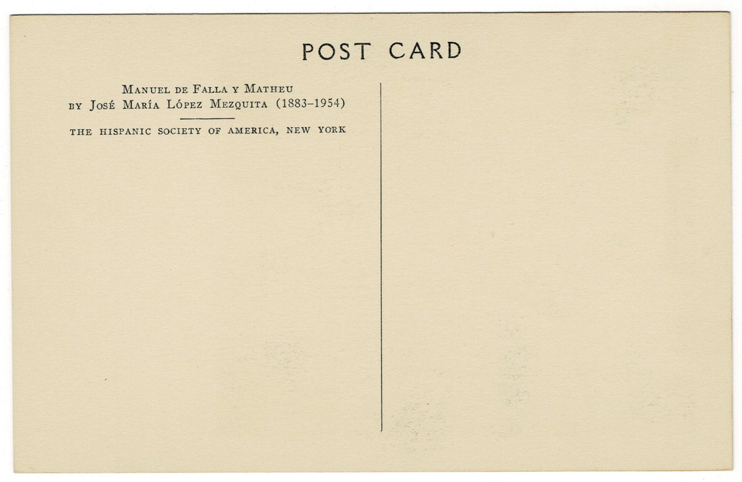 1960 Manuel de Falla by Mezquita Vintage Postcard Hispanic Society, back view.