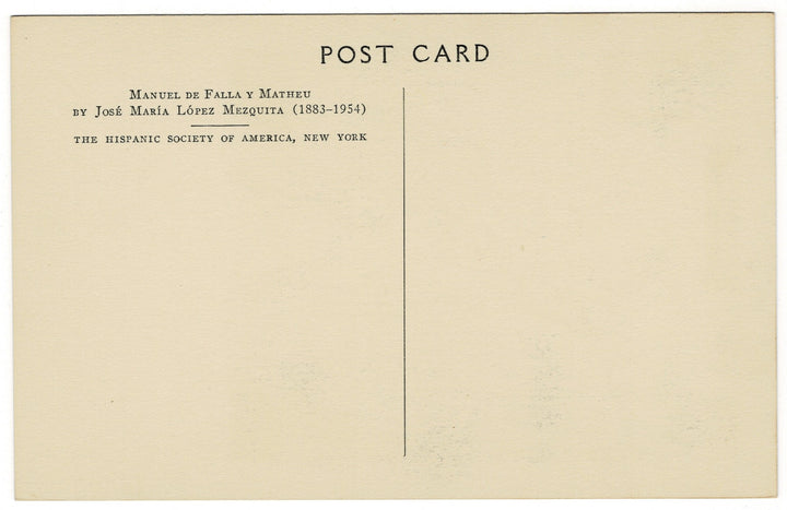 1960 Manuel de Falla by Mezquita Vintage Postcard Hispanic Society, back view.