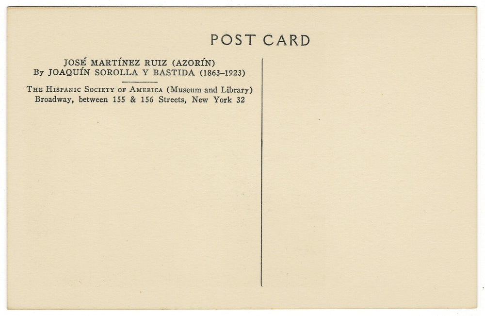 Back of a postcard with text about José Martínez Ruiz and Joaquín Sorolla Y Bastida, featuring the Hispanic Society of America.