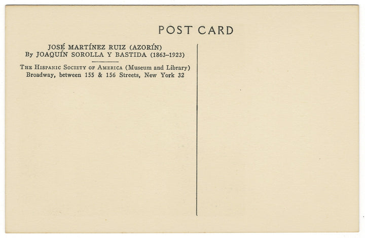 Back of a postcard with text about José Martínez Ruiz and Joaquín Sorolla Y Bastida, featuring the Hispanic Society of America.