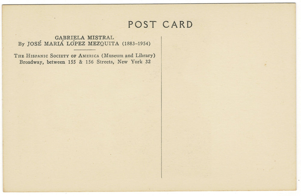 Back of a postcard with text about Gabriela Mistral and the Hispanic Society of America.