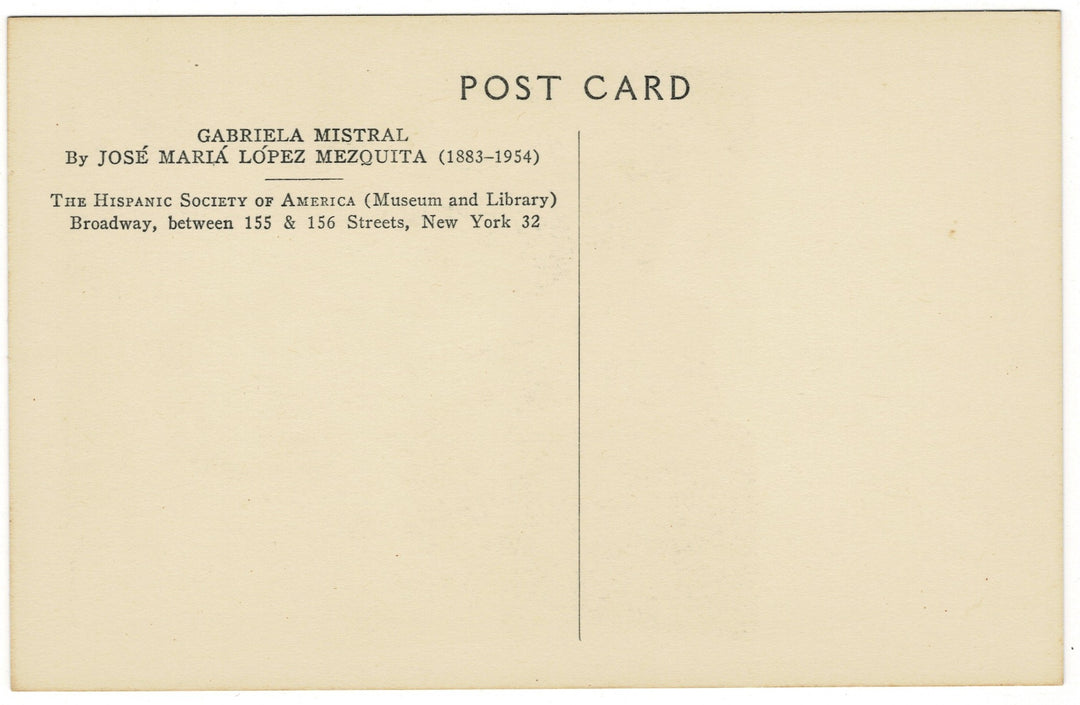 Back of a postcard with text about Gabriela Mistral and the Hispanic Society of America.