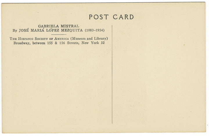 Back of a postcard with text about Gabriela Mistral and the Hispanic Society of America.