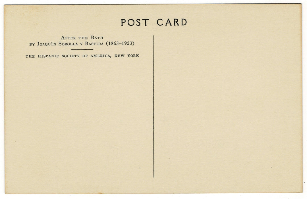 Back of a postcard with text about Joaquin Sorolla y Bastida and The Hispanic Society of America, New York.