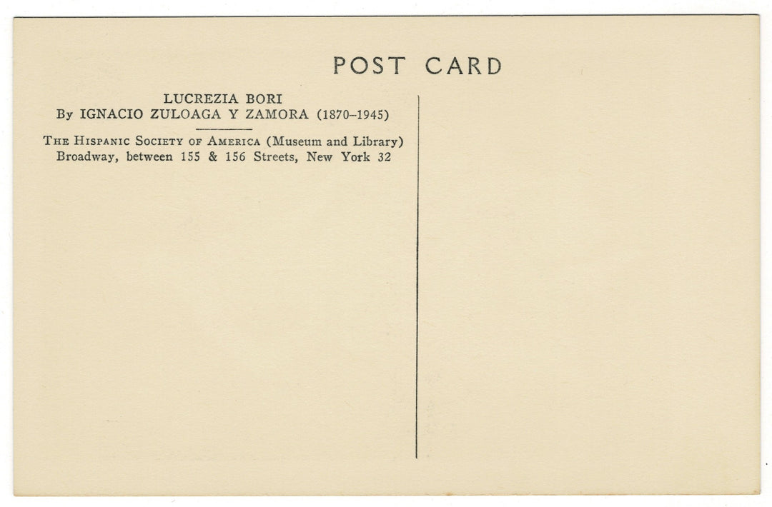 Back of a postcard with text about Lucrezia Bori by Ignacio Zuloaga y Zamora, featuring the Hispanic Society of America.