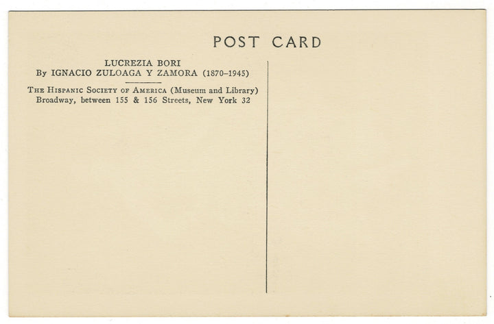 Back of a postcard with text about Lucrezia Bori by Ignacio Zuloaga y Zamora, featuring the Hispanic Society of America.