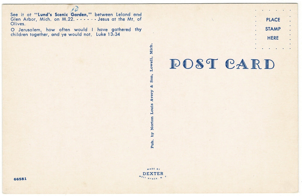 1950s Garden of Gethsemane Lund’s Garden Michigan Vintage Postcard, back view.