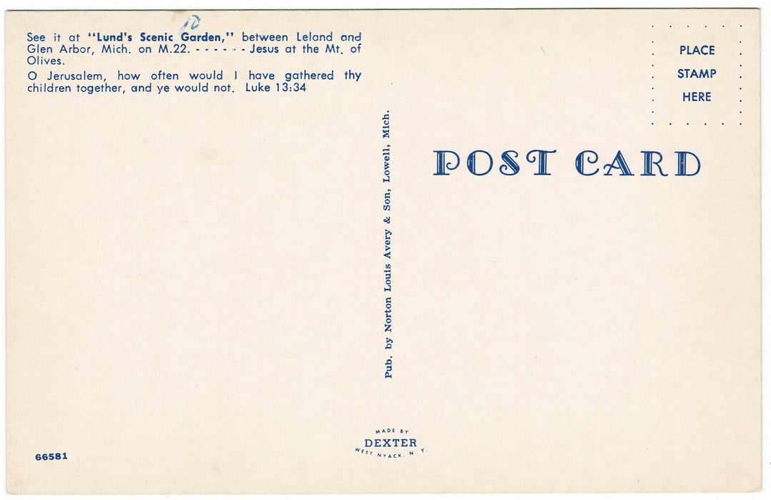 1950s Garden of Gethsemane Lund’s Garden Michigan Vintage Postcard, back view.