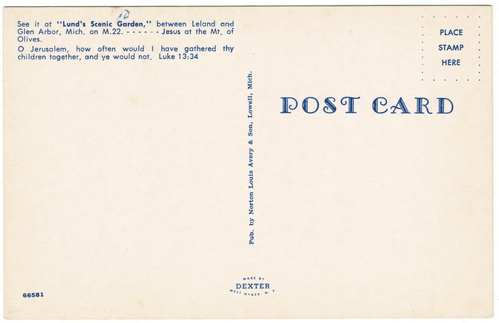 1950s Garden of Gethsemane Lund’s Garden Michigan Vintage Postcard, back view.