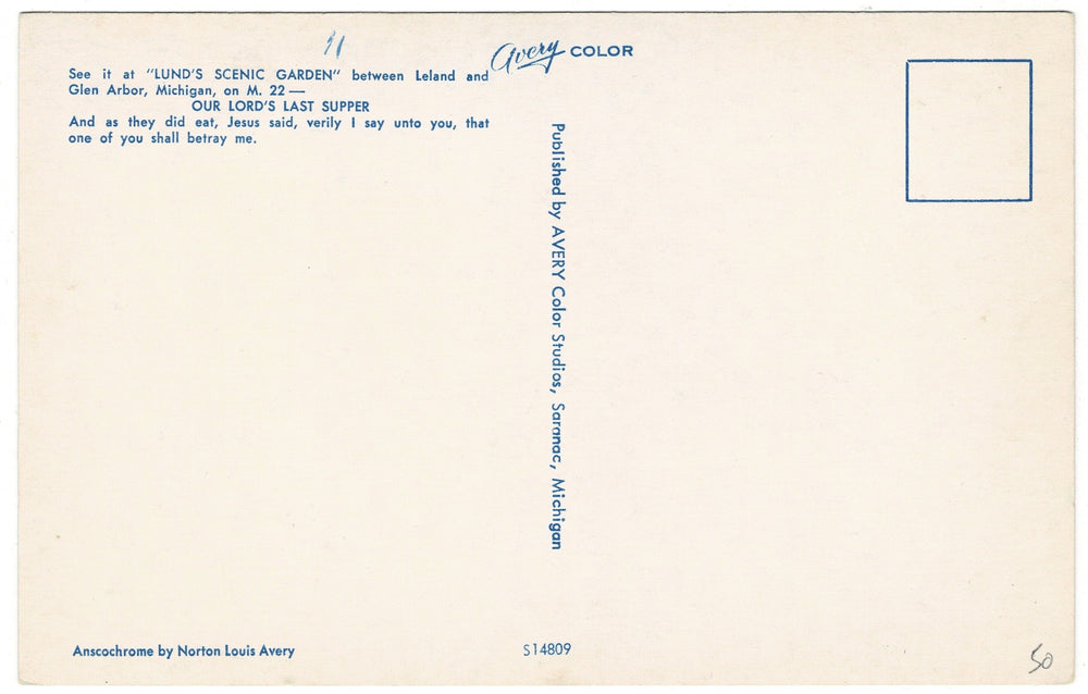 1950 Last Supper Wax Figures Sunken Gardens Florida Vintage Postcard, uncirculated, back view.