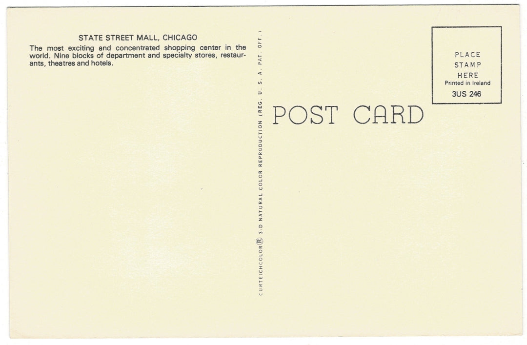 1980s State Street Mall at Christmas Chicago Illinois Vintage Postcard, uncirculated back view.