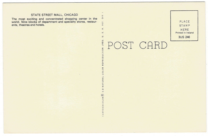 1980s State Street Mall at Christmas Chicago Illinois Vintage Postcard, uncirculated back view.