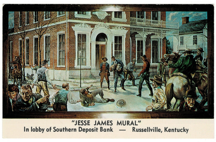 Jesse James Bank Robbery Mural Russellville Kentucky Vintage Postcard.