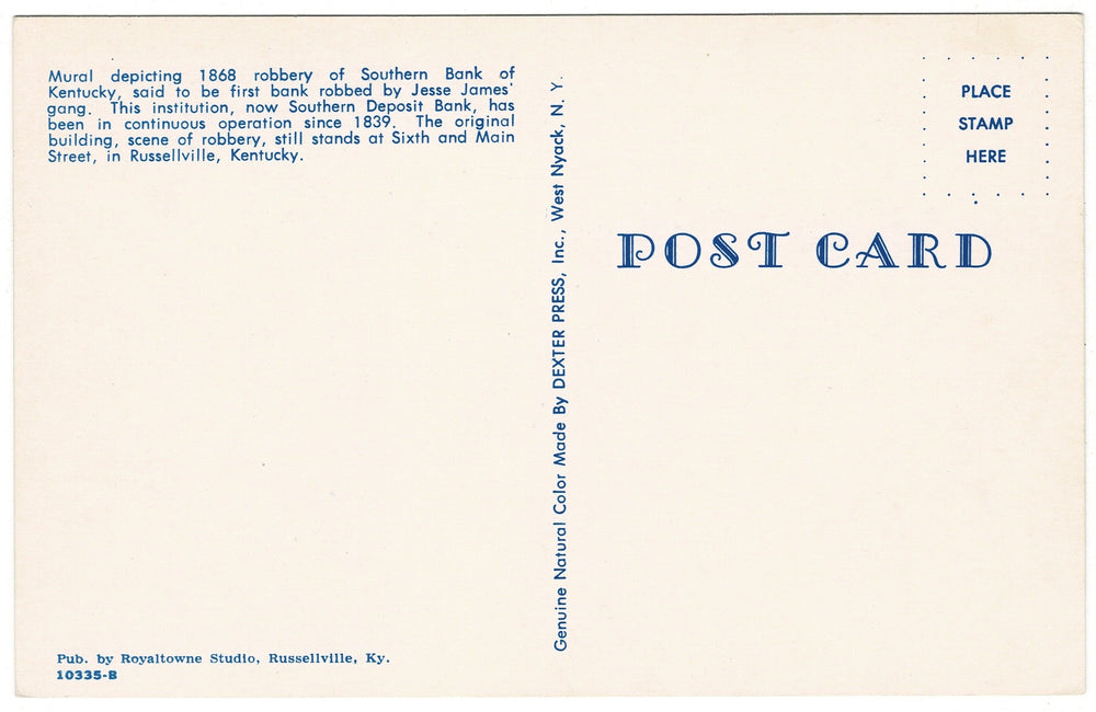 Jesse James Bank Robbery Mural Russellville Kentucky Vintage Postcard, back view.