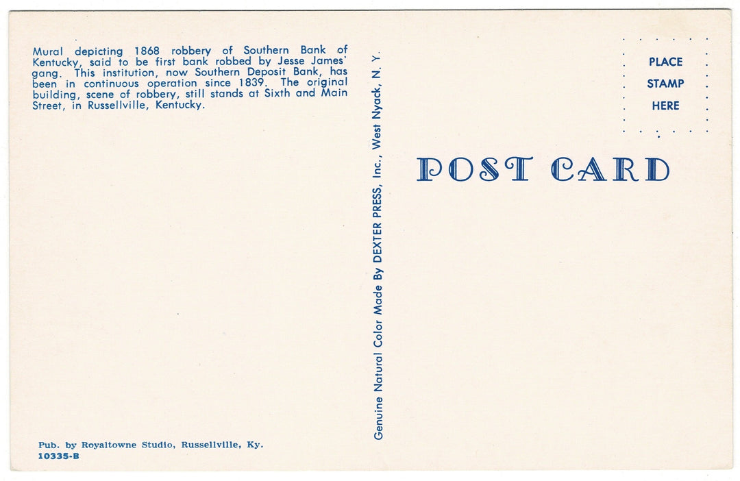 Jesse James Bank Robbery Mural Russellville Kentucky Vintage Postcard, back view.