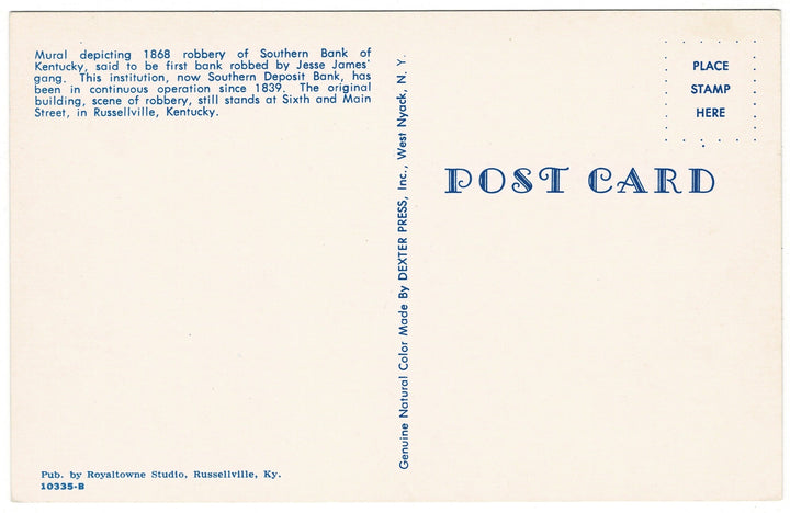 Jesse James Bank Robbery Mural Russellville Kentucky Vintage Postcard, back view.