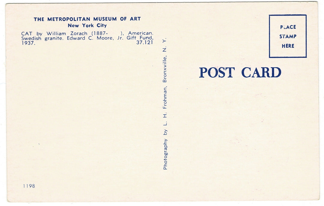 1950 Cat by William Zorach Metropolitan Museum of Art Vintage Postcard, back view.