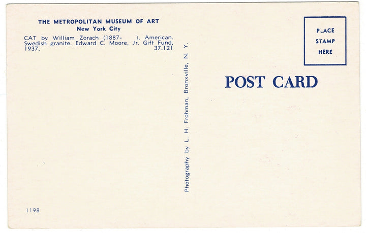 1950 Cat by William Zorach Metropolitan Museum of Art Vintage Postcard, back view.