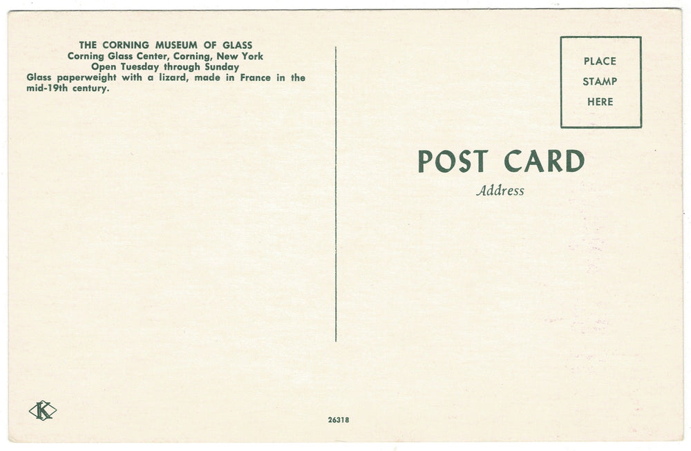 Houghton Salamander Paperweight Corning Museum of Glass New York Vintage Postcard, back vew.