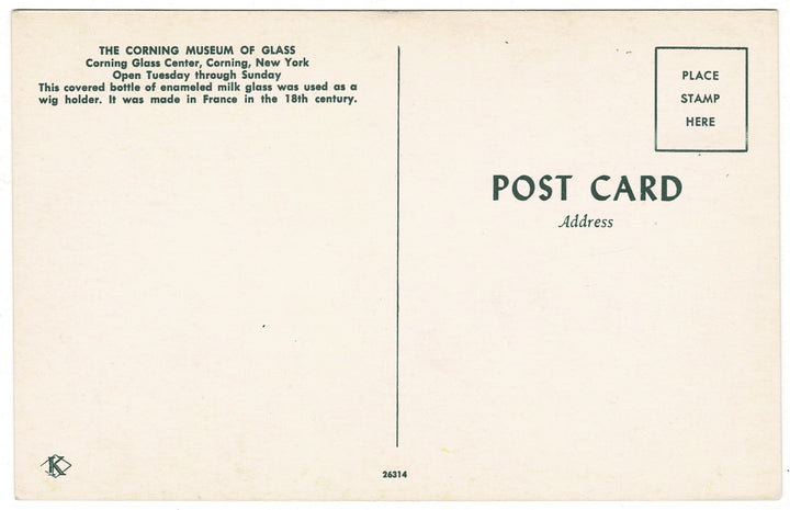 French Enameled Milk Glass Wig Holder, 1662–1709 – Corning Museum of Glass vintage postcard., back view.