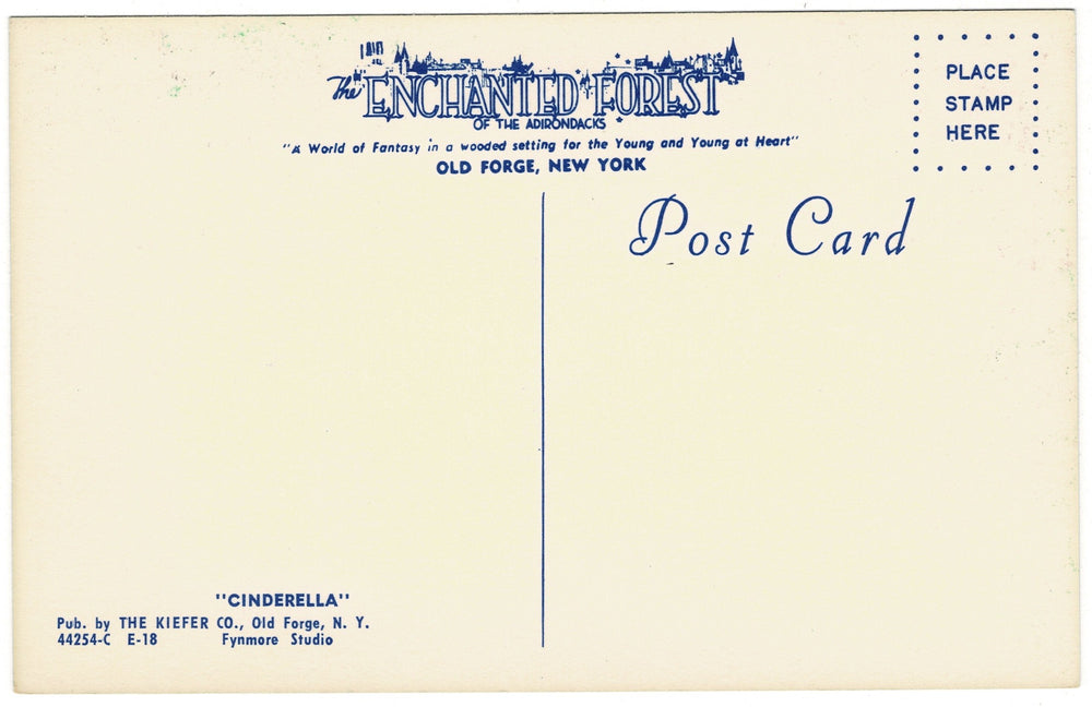 1950s Cinderella Enchanted Forest Old Forge New York Vintage Postcard, back view.