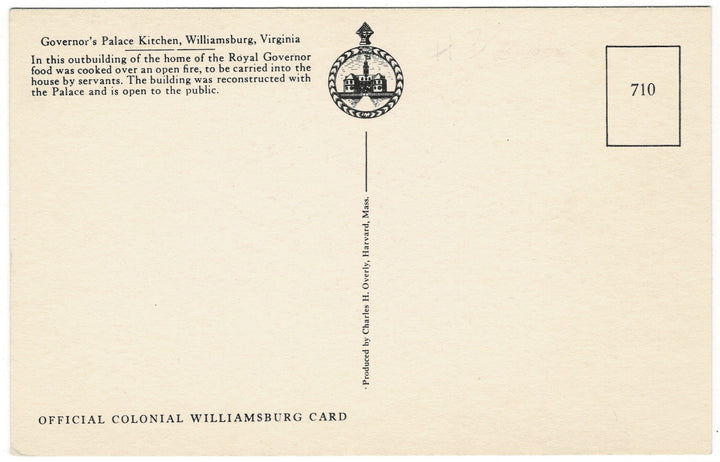 Governor’s Palace Kitchen Williamsburg Virginia Vintage Art Postcard, back view.