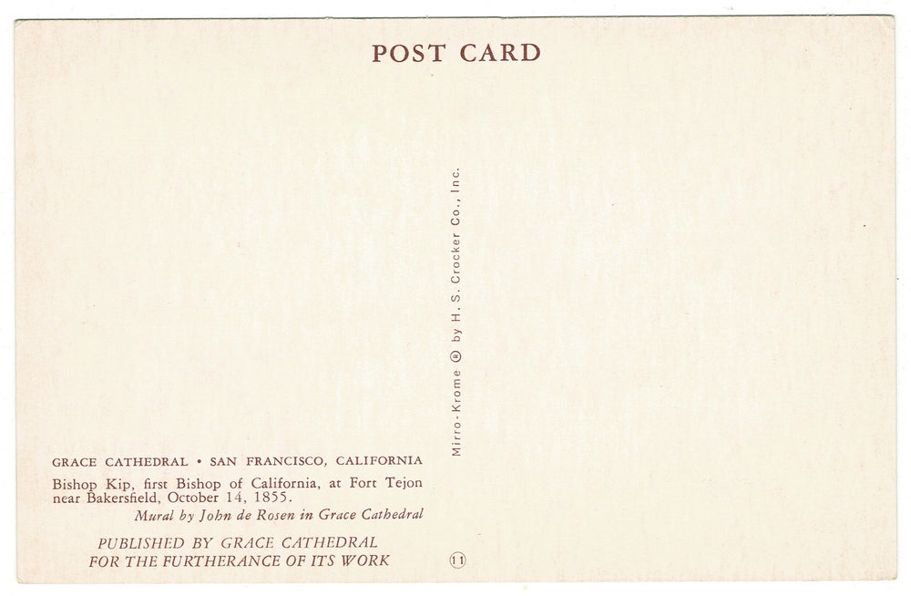 Back of a postcard with text about Grace Cathedral in San Francisco, California.