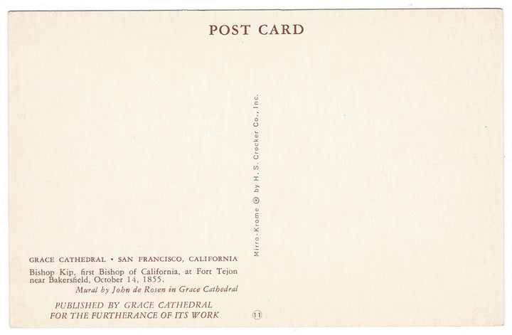 Back of a postcard with text about Grace Cathedral in San Francisco, California.