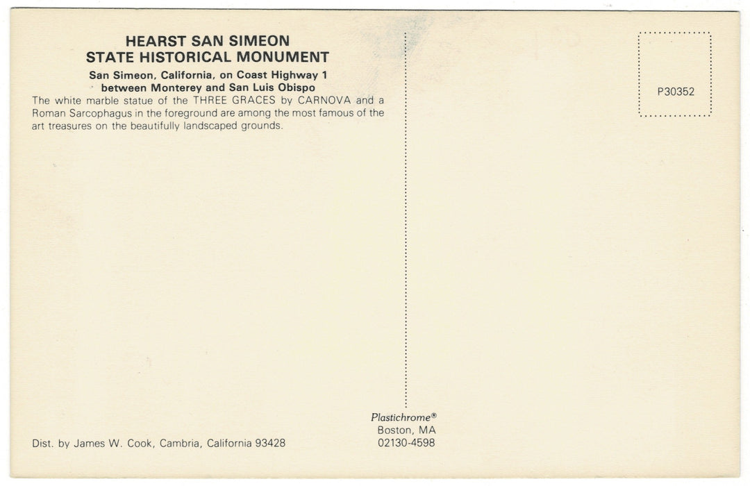 Back of a postcard for Hearst San Simeon State Historical Monument with text and address details.