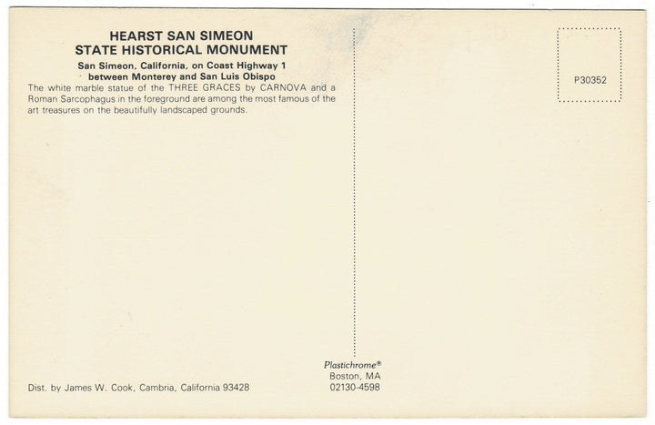 Back of a postcard for Hearst San Simeon State Historical Monument with text and address details.