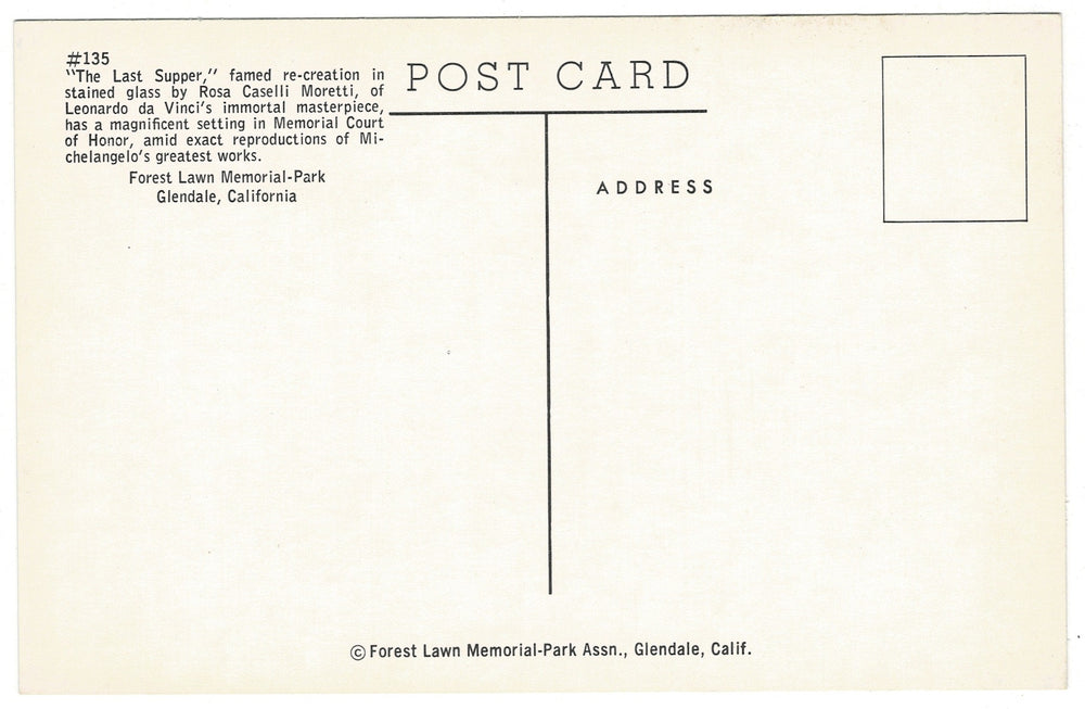 1950s Forest Lawn Last Supper by Moretti Vintage Postcard, Glendale California, back view.