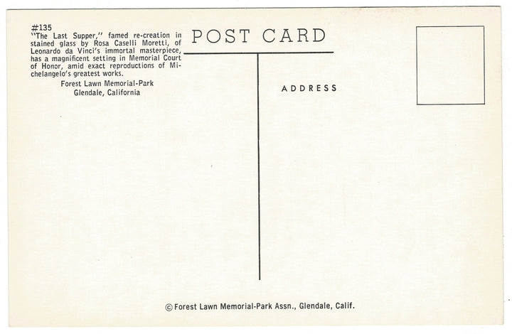 1950s Forest Lawn Last Supper by Moretti Vintage Postcard, Glendale California, back view.