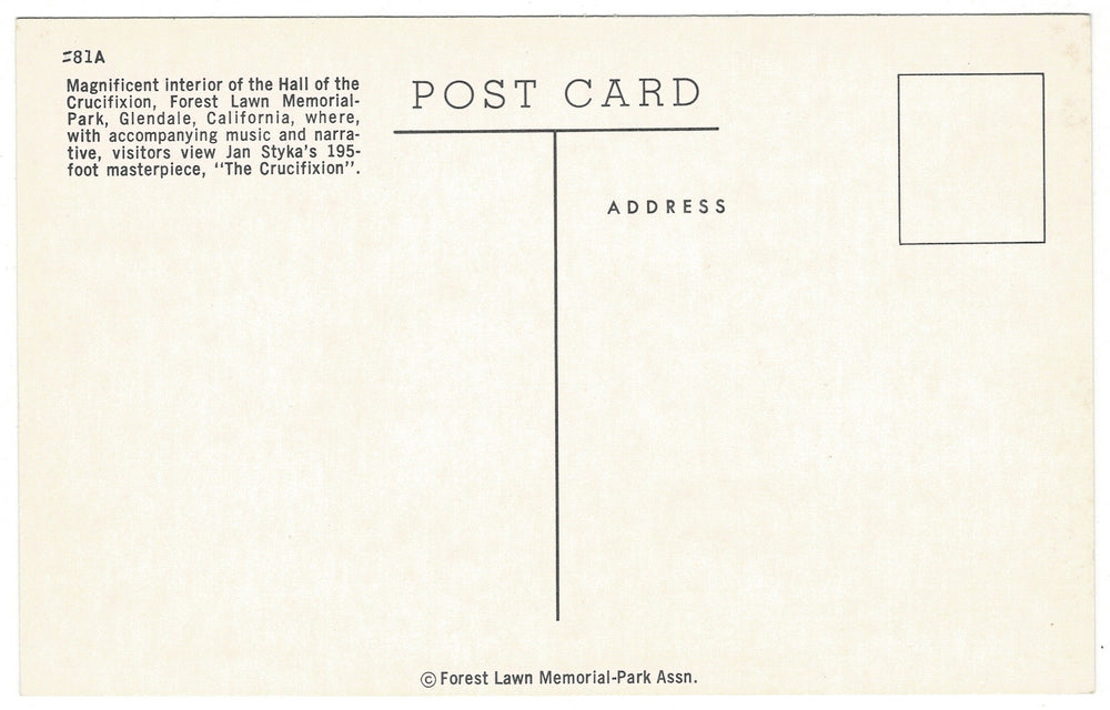1950s Forest Lawn Hall of the Crucifixion Vintage Postcard, Glendale California, back view.