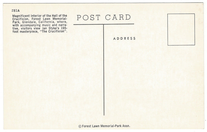 1950s Forest Lawn Hall of the Crucifixion Vintage Postcard, Glendale California, back view.