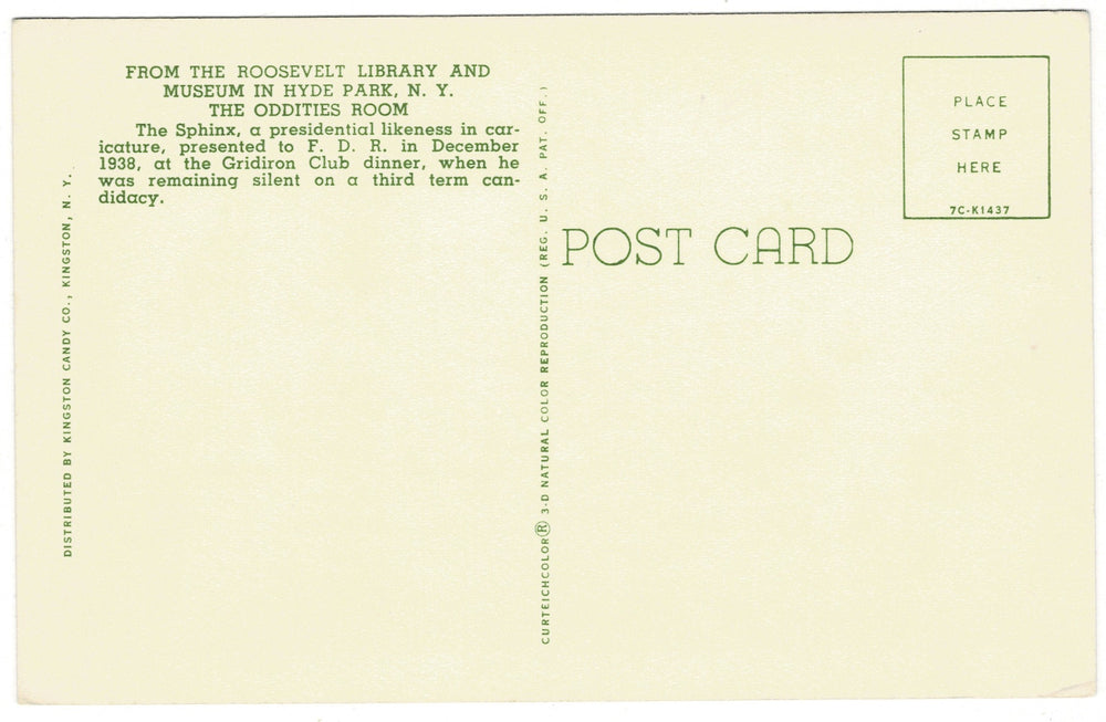 1957 FDR Sphinx Oddities Room Vintage Postcard, back view.