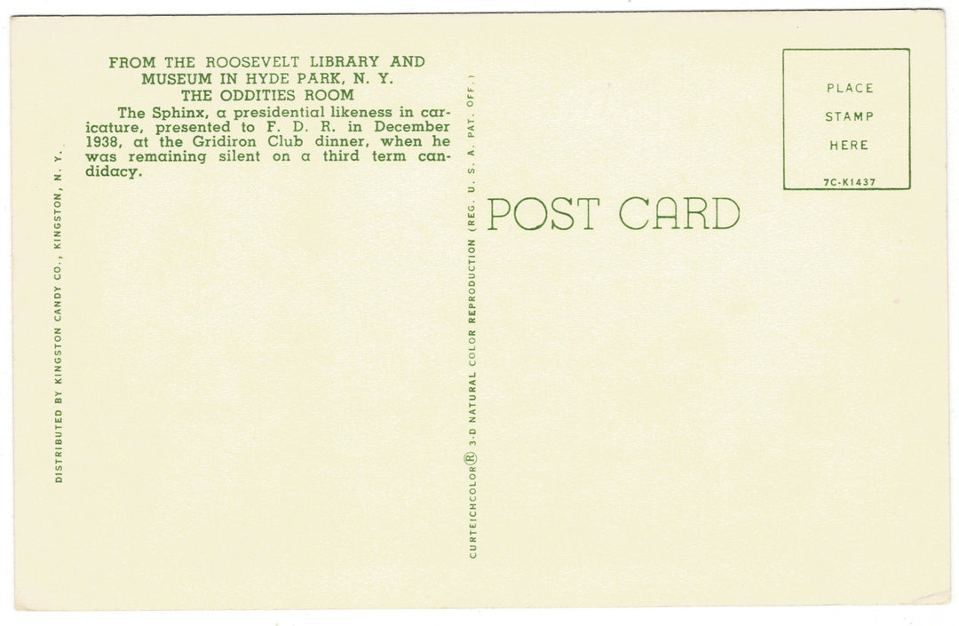 1957 FDR Sphinx Oddities Room Vintage Postcard, back view.