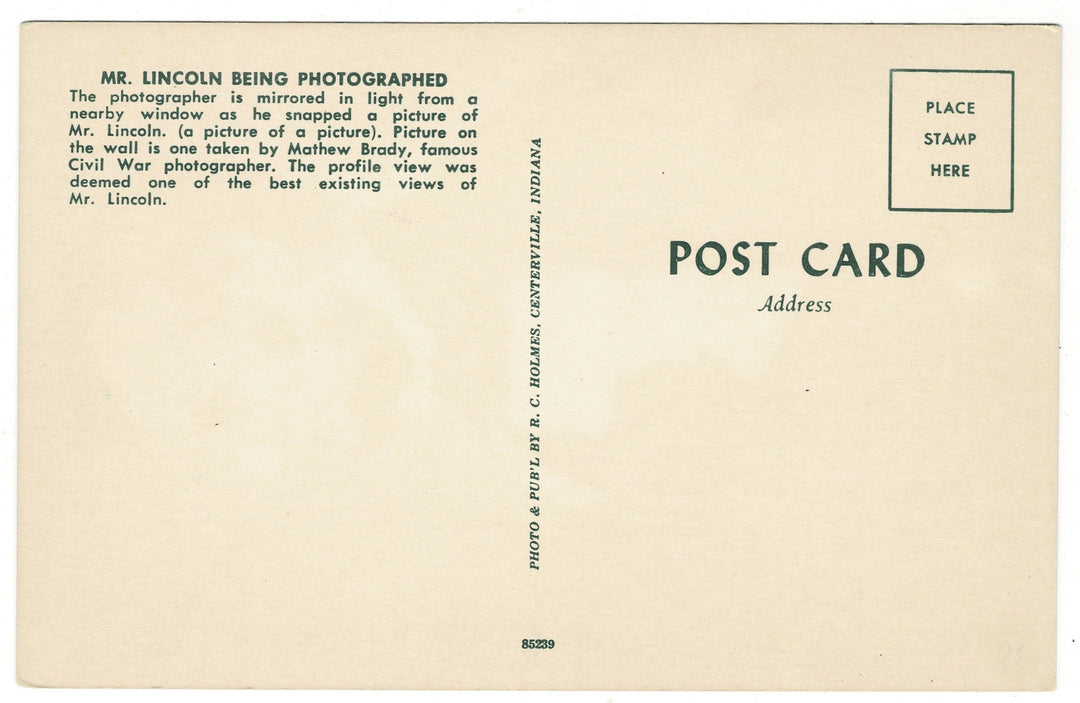 Lincoln Being Photographed by Civil War Photographer Brady Vintage Postcard, back view.