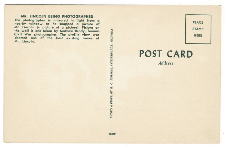 Lincoln Being Photographed by Civil War Photographer Brady Vintage Postcard, back view.