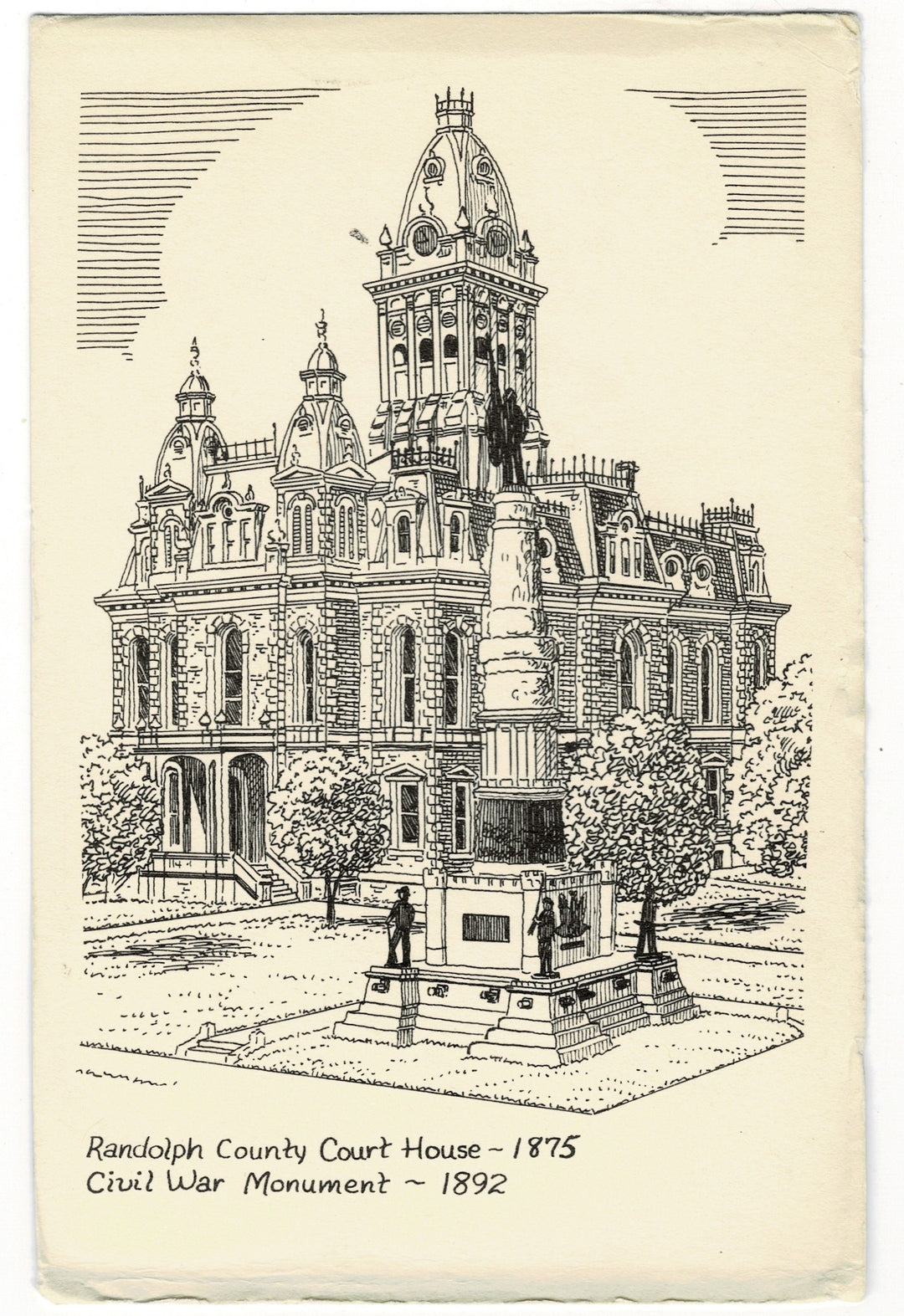 Illustration vintage postcard of the Randolph County Court House and Civil War Monument, 1875 and 1892 respectively.