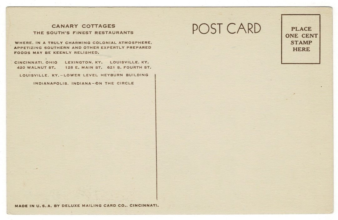 1938 Canary Cottage in Lexington Kentucky Vintage Postcard, back view.