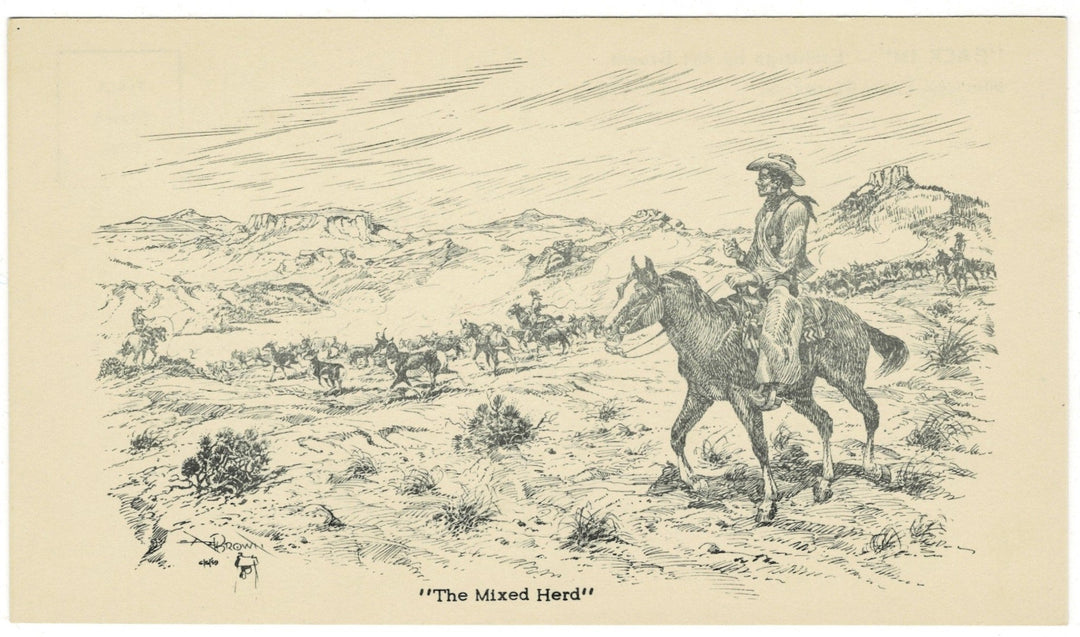 1959 “The Mixed Herd” Cowboys & Cattle Drive by Art Brown Postcard.