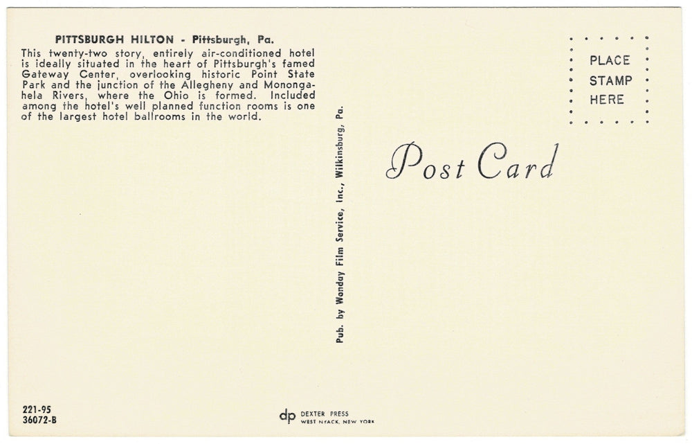 1960s Pittsburgh Hilton Hotel Pennsylvania Vintage Postcard, back view.