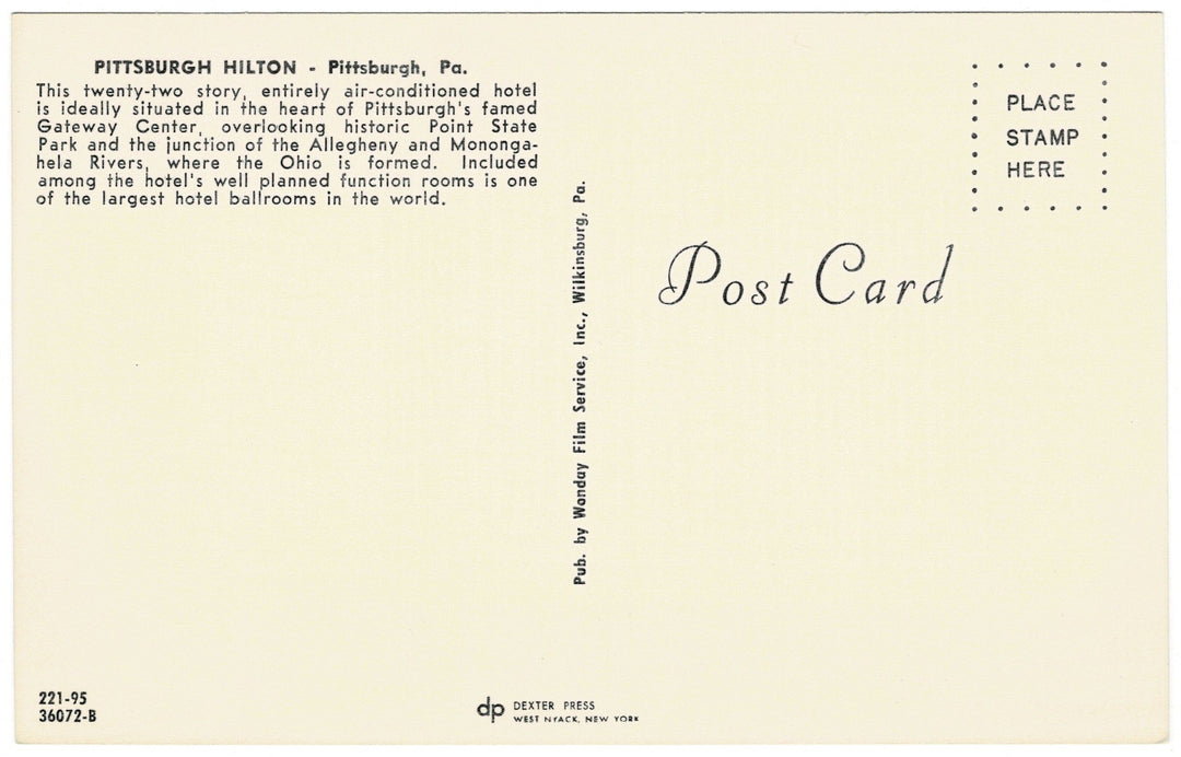 1960s Pittsburgh Hilton Hotel Pennsylvania Vintage Postcard, back view.