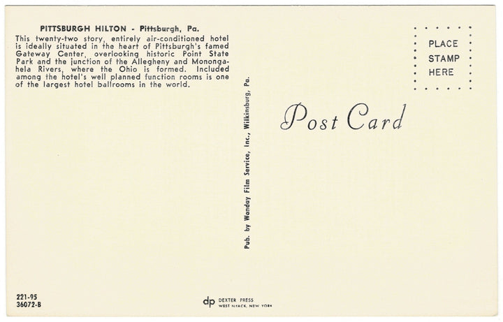 1960s Pittsburgh Hilton Hotel Pennsylvania Vintage Postcard, back view.