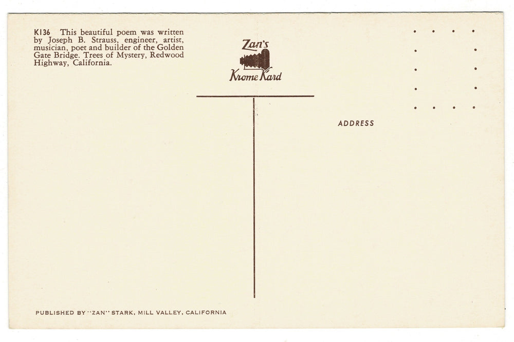 1950s Trees of Mystery, Redwood Highway, California Vintage Postcard, back view.