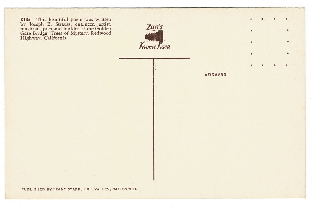 1950s Trees of Mystery, Redwood Highway, California Vintage Postcard, back view.