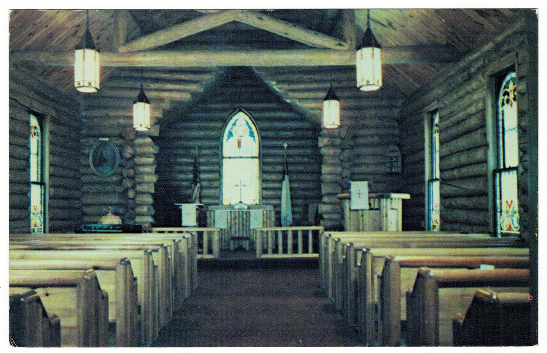 1960s Log Chapel Interior Grand Rapids Minnesota Vintage Postcard.