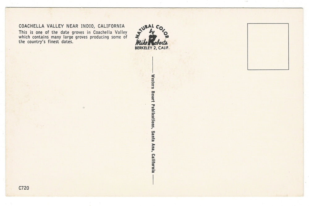 Back of a postcard with text about Coachella Valley, California, and a logo for Natural Color Co.