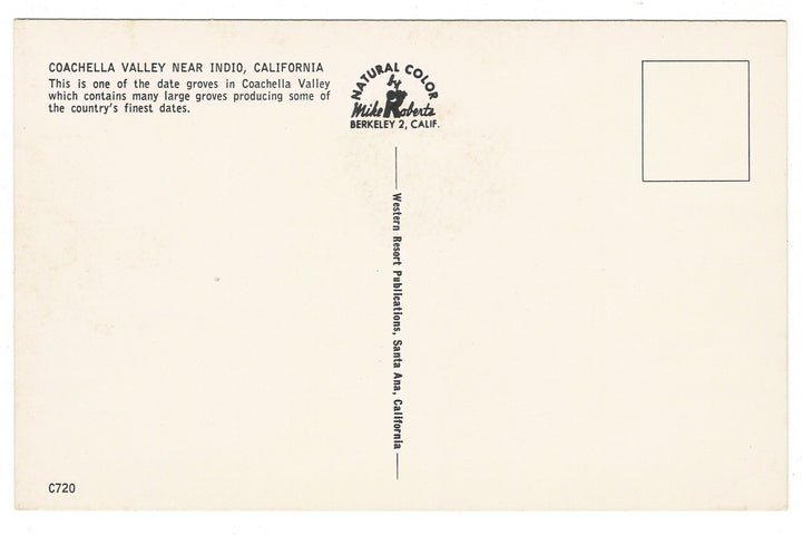 Back of a postcard with text about Coachella Valley, California, and a logo for Natural Color Co.
